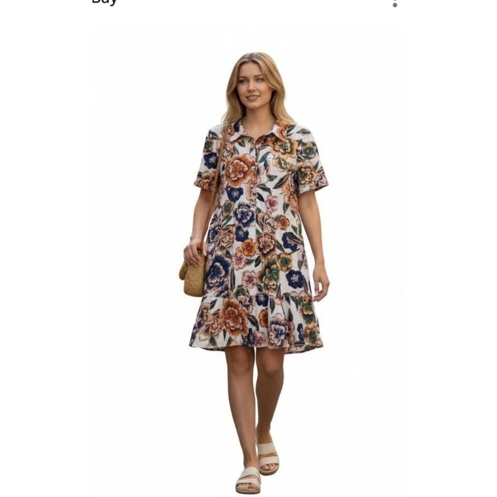 Joie Shirt Dress‎ Women Size M Multicolor Excellent Floral Flounce Hem Pockets